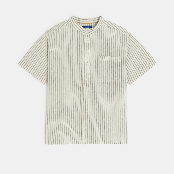 قميص بأكمام قصيرة من الكتان المقلم للأولاد، اللون بيج